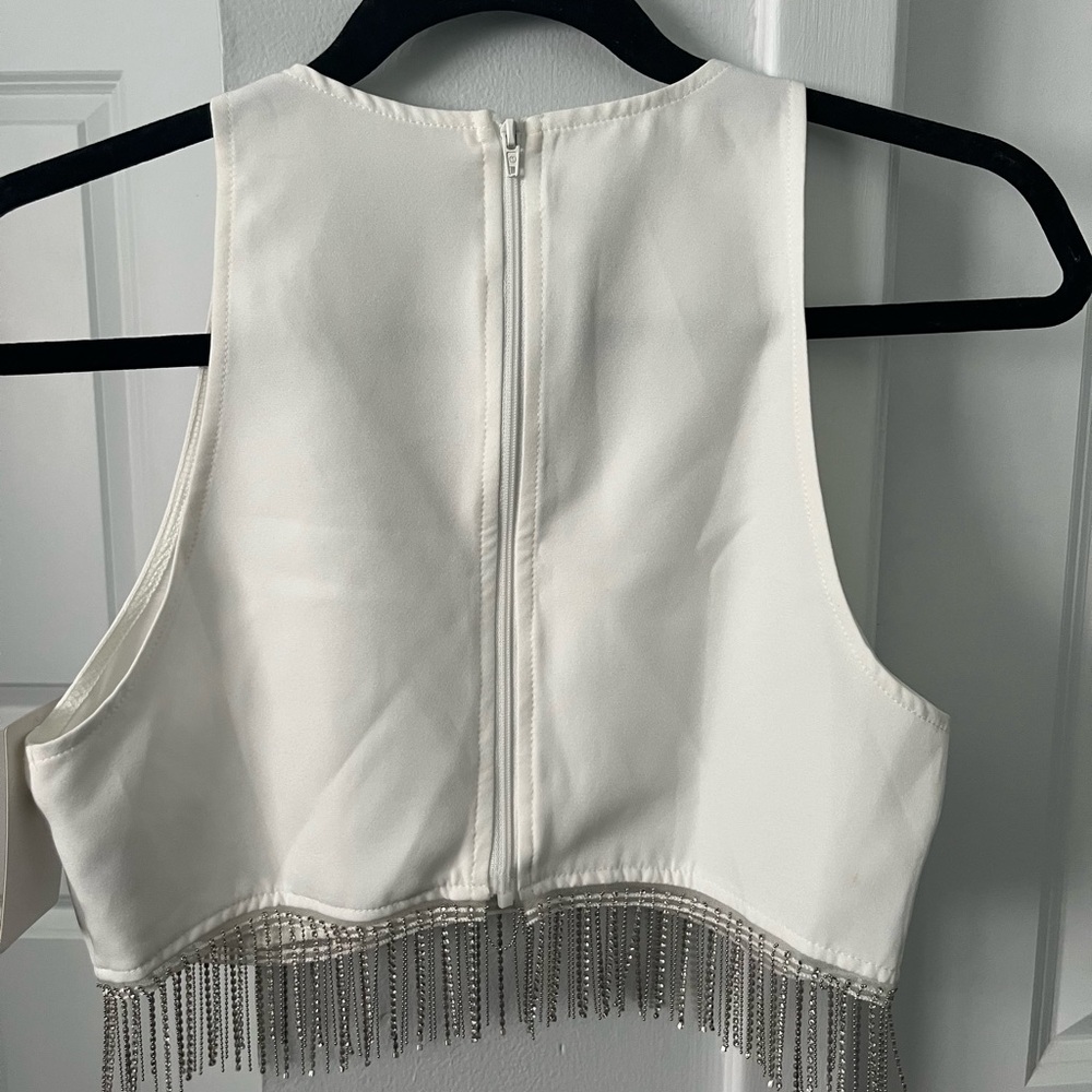 Cropped White Tank Top with Rhinestone Fringe - Picture 2 of 4